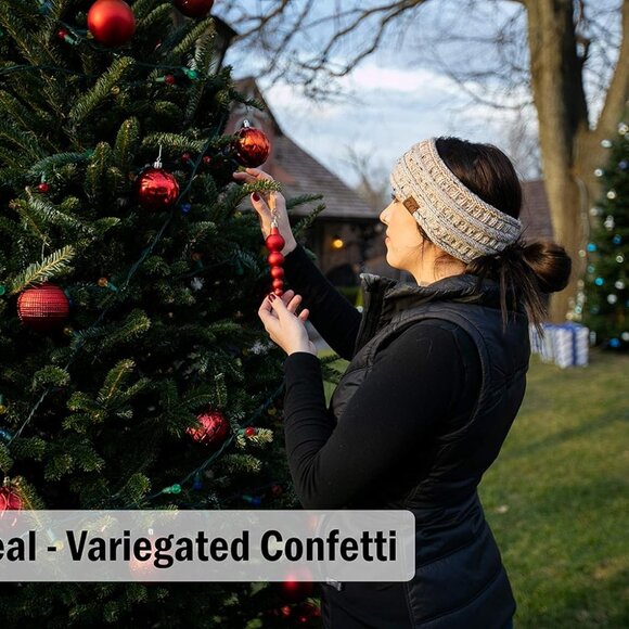 Women's Fleece Lined Cable Knit Headband - Messy Bun Ear Warmer - Solid, Confett - Picture 5 of 5